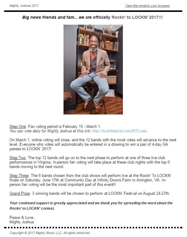 Announcement: Mighty Joshua is officially rostered to LOCKN' 2017. Man sitting, smiling.