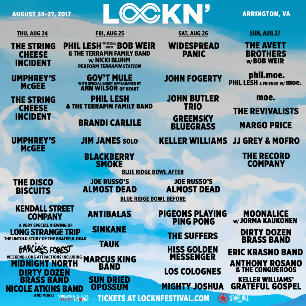 Lockn' music festival 2017 lineup poster with band names and dates in Arrington, VA.