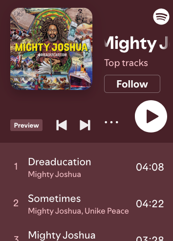 Spotify screen: Mighty Joshua's top tracks. Album art with a man, and song titles listed below.
