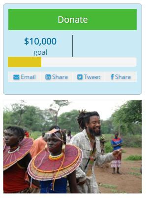 Donation progress: $10,000 goal with progress bar, people in traditional dress, one man with dreadlocks, smiling, in an outdoor setting.