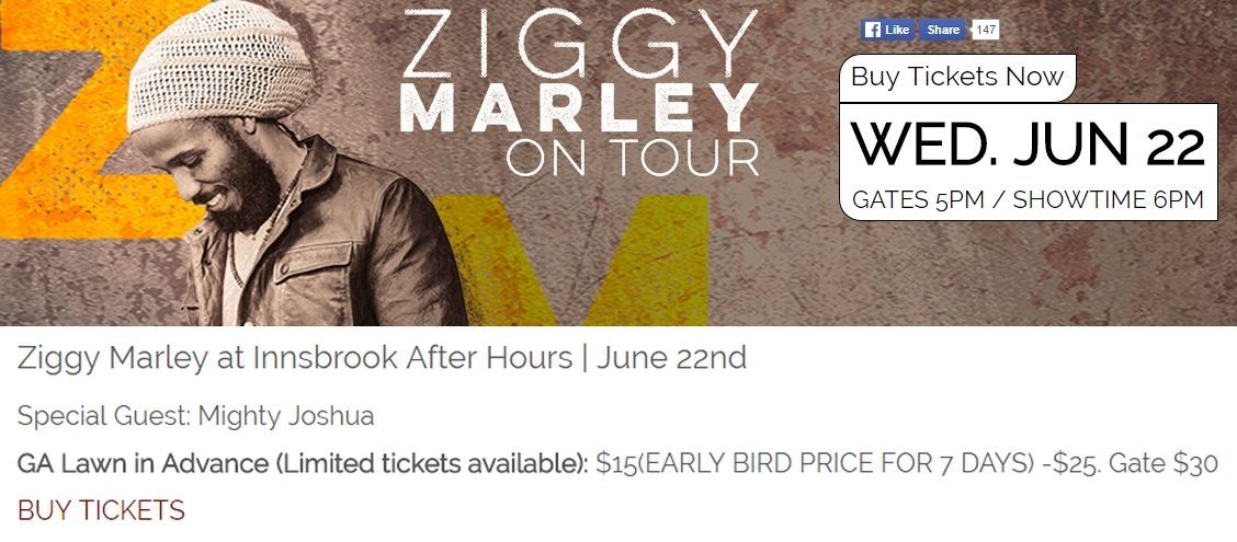 Ziggy Marley on tour, June 22. Shows on a brown background, photo of Marley, buy tickets.