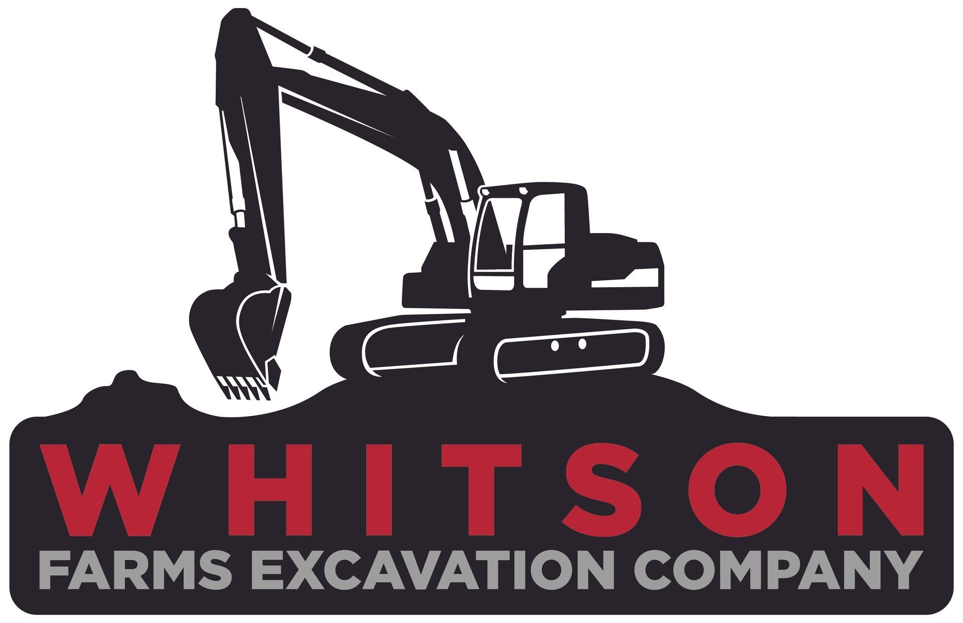 Black and red logo for Whitson Farms Excavation Company featuring a black excavator silhouette on a mound of dirt.
