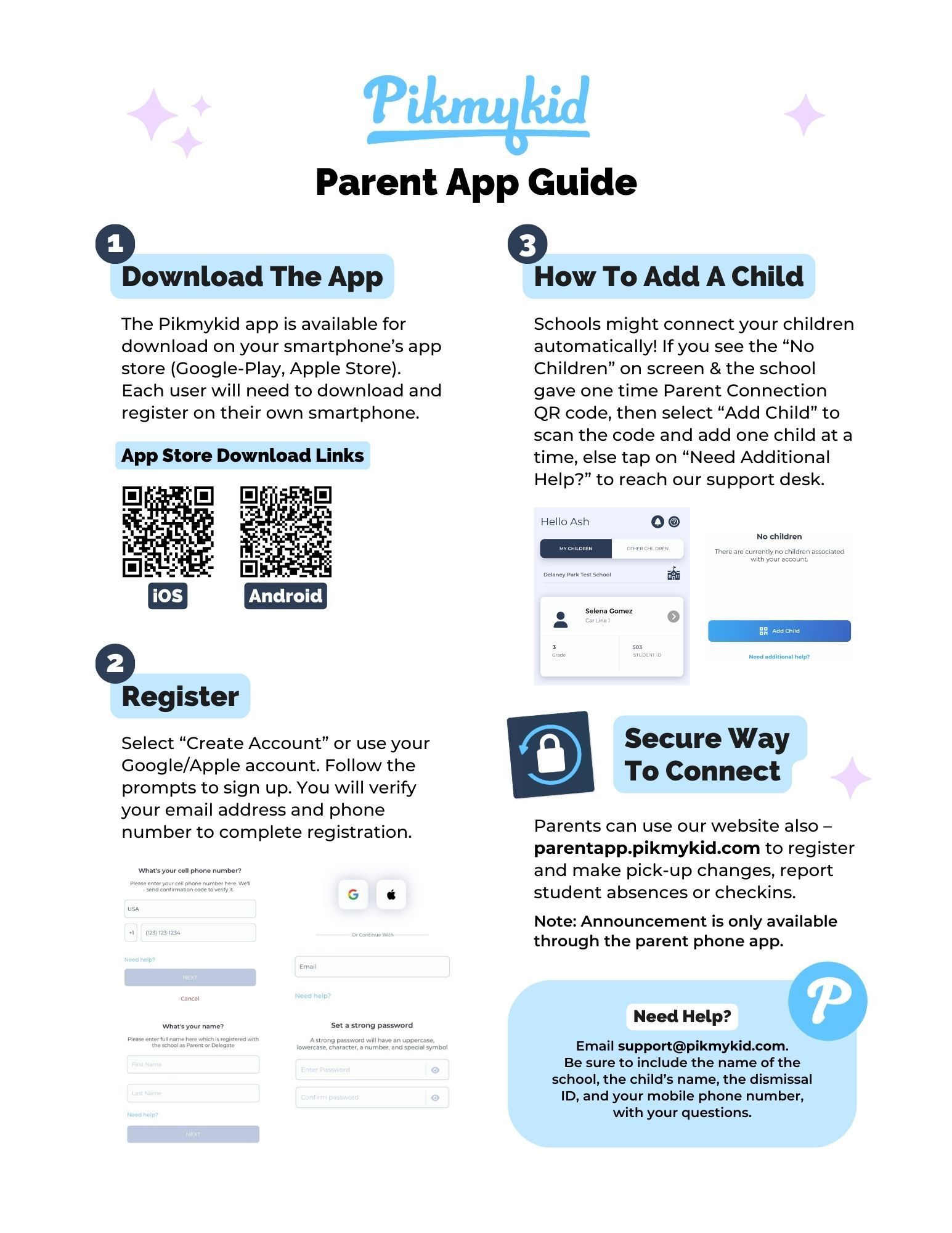 Pikmykid Parent App guide with instructions on downloading, registering, and adding children.