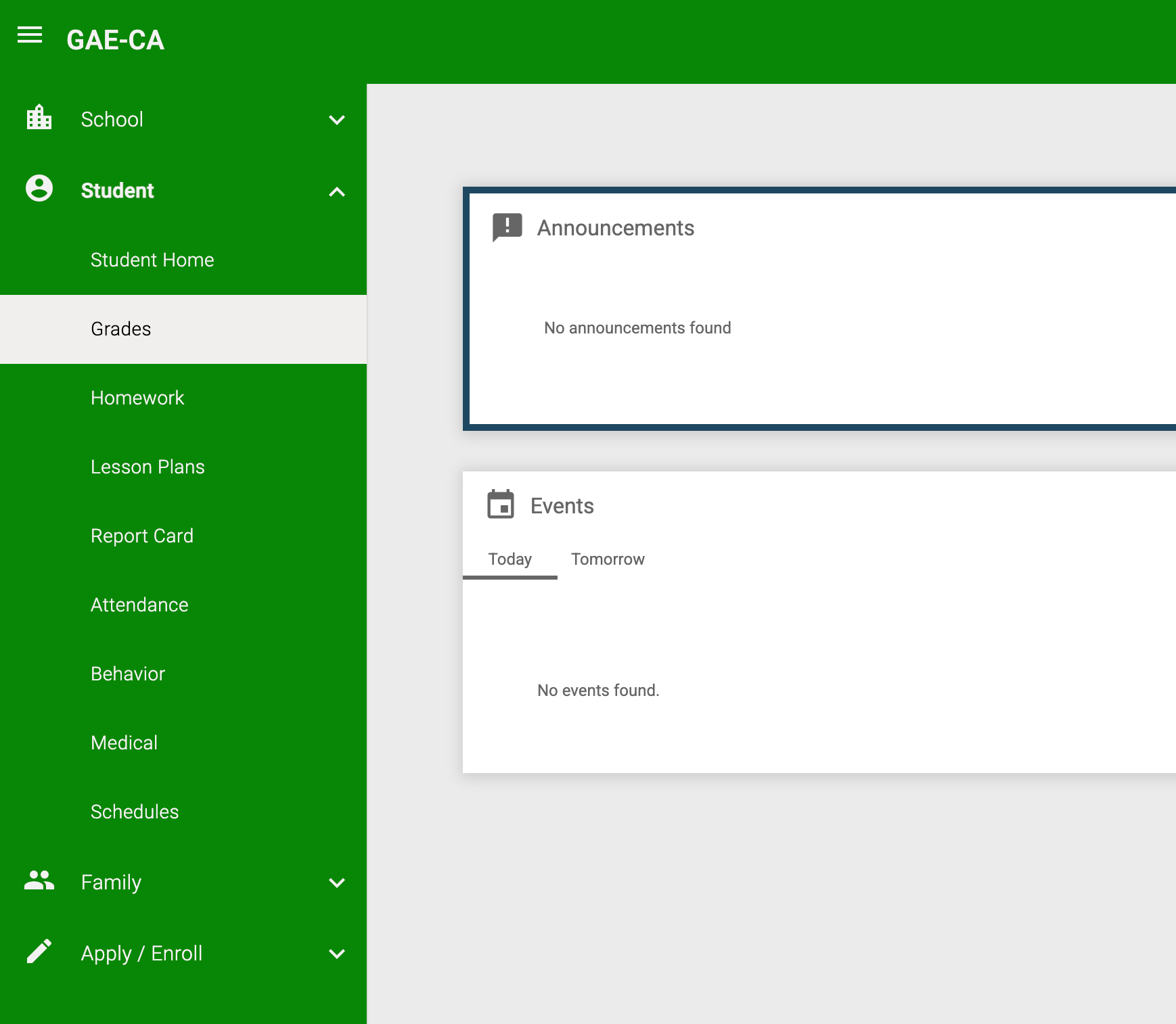 Screenshot of a school portal with a green sidebar navigation and content panels.