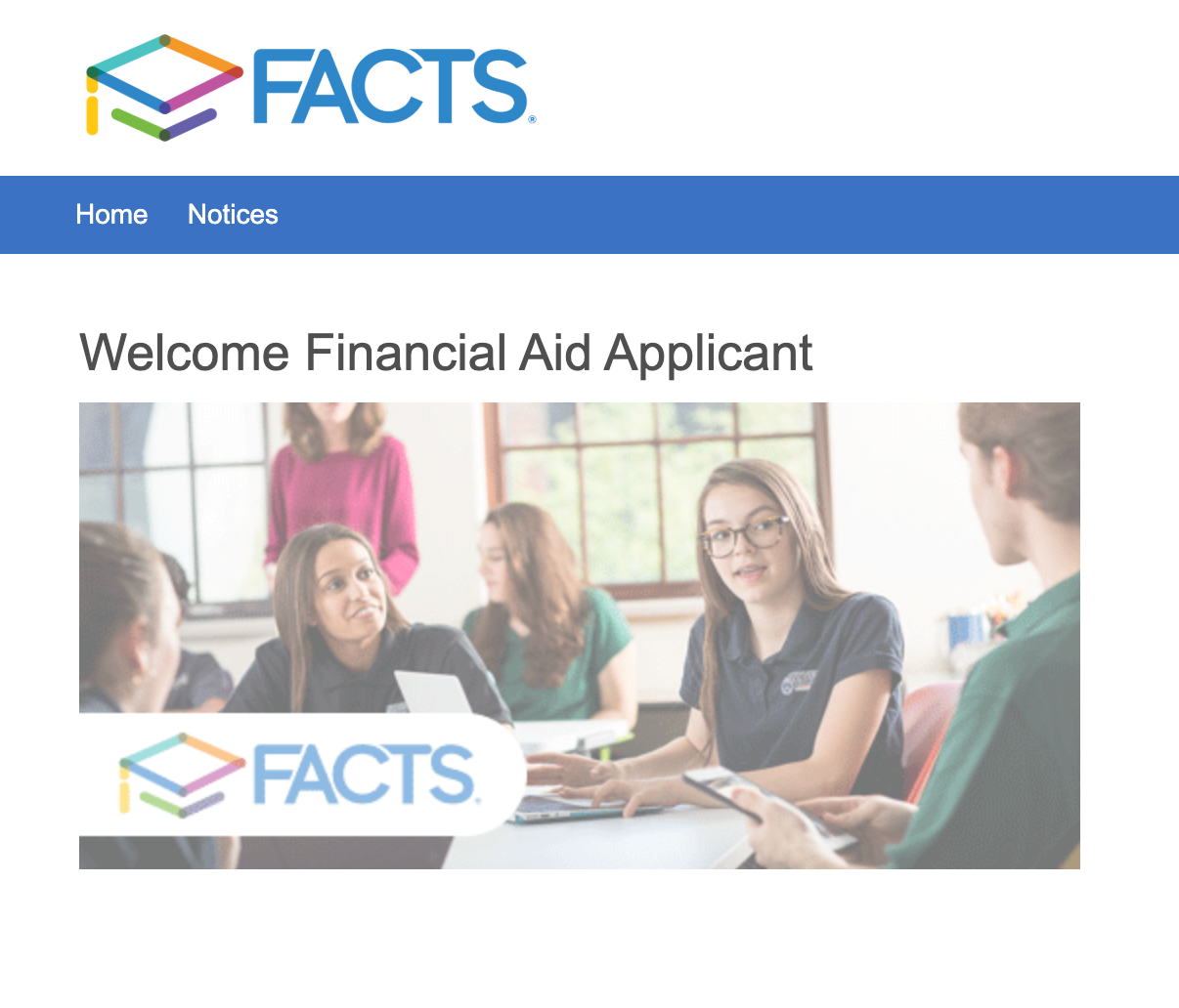 FACTS financial aid website welcoming applicants. People at a table, logo, blue banner.