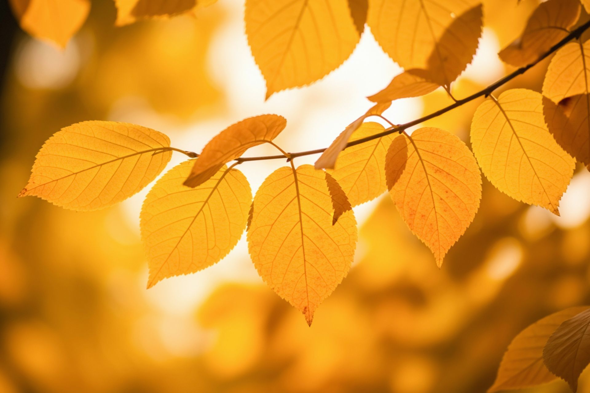 Yellow autumn leaves on a branch, illuminated by sunlight.