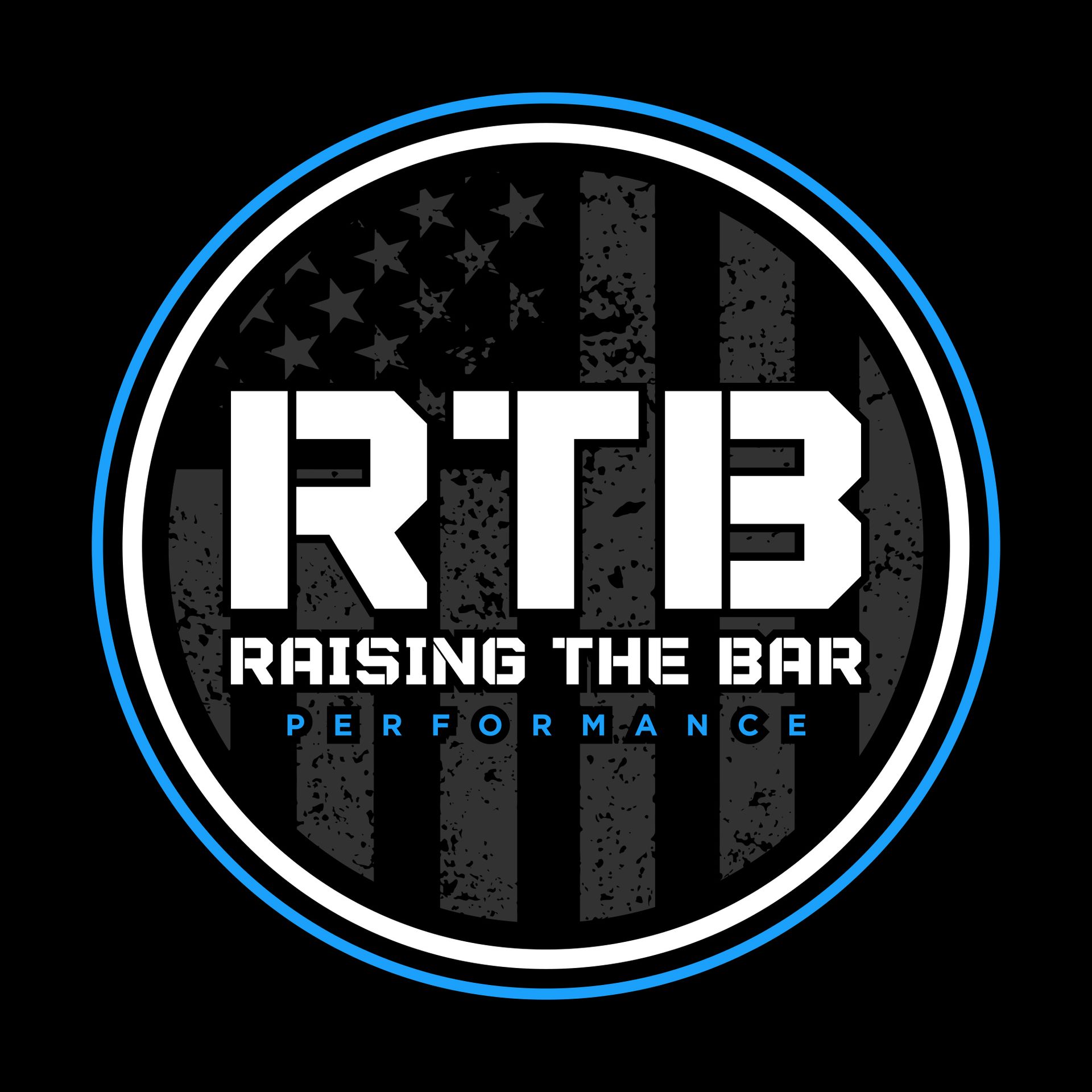 Circular logo with "RTB" over distressed American flag; "RAISING THE BAR PERFORMANCE" in blue.
