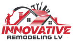 Logo for Innovative Remodeling LV: Houses, tools, a person painting, and text in red and black.