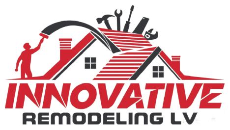 Logo for Innovative Remodeling LV: Houses, tools, a person painting, and text in red and black.