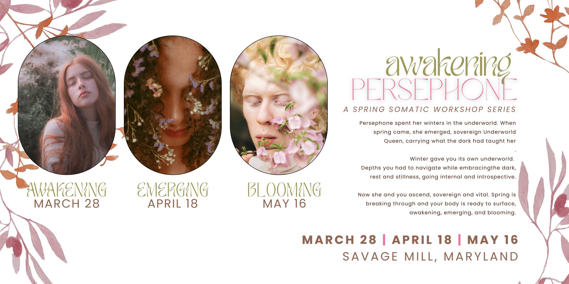 awakening persephone workshop promotion design: with name, dates, and images of people in fields, with flowers, hero version.