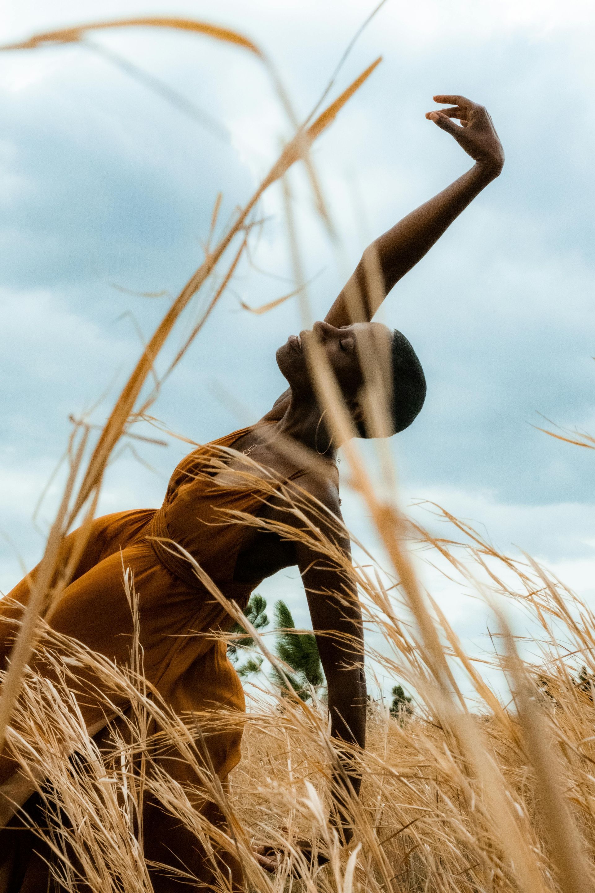 Person reaching up in a field of tall, dry grass. Cloudy sky.