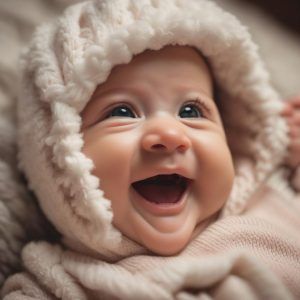 Un bambino sorridente con un cappuccio e un maglione color crema, con le guance rosee, su uno sfondo sfocato.