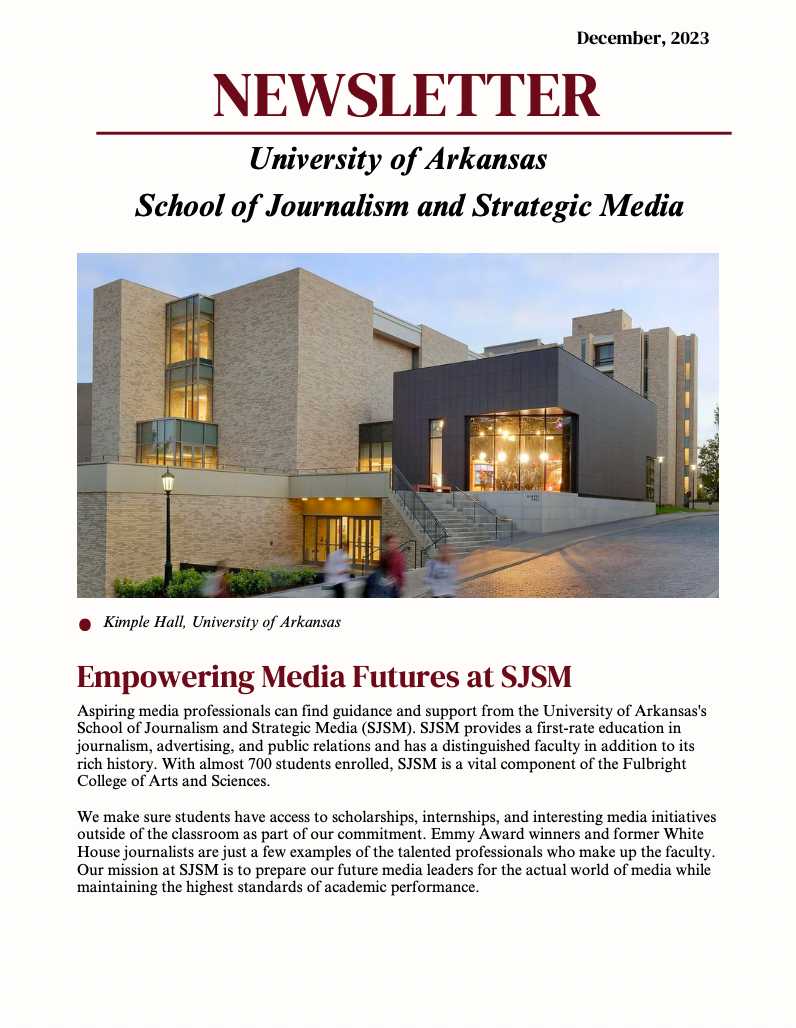 A newsletter for the university of arkansas school of journalism and strategic media