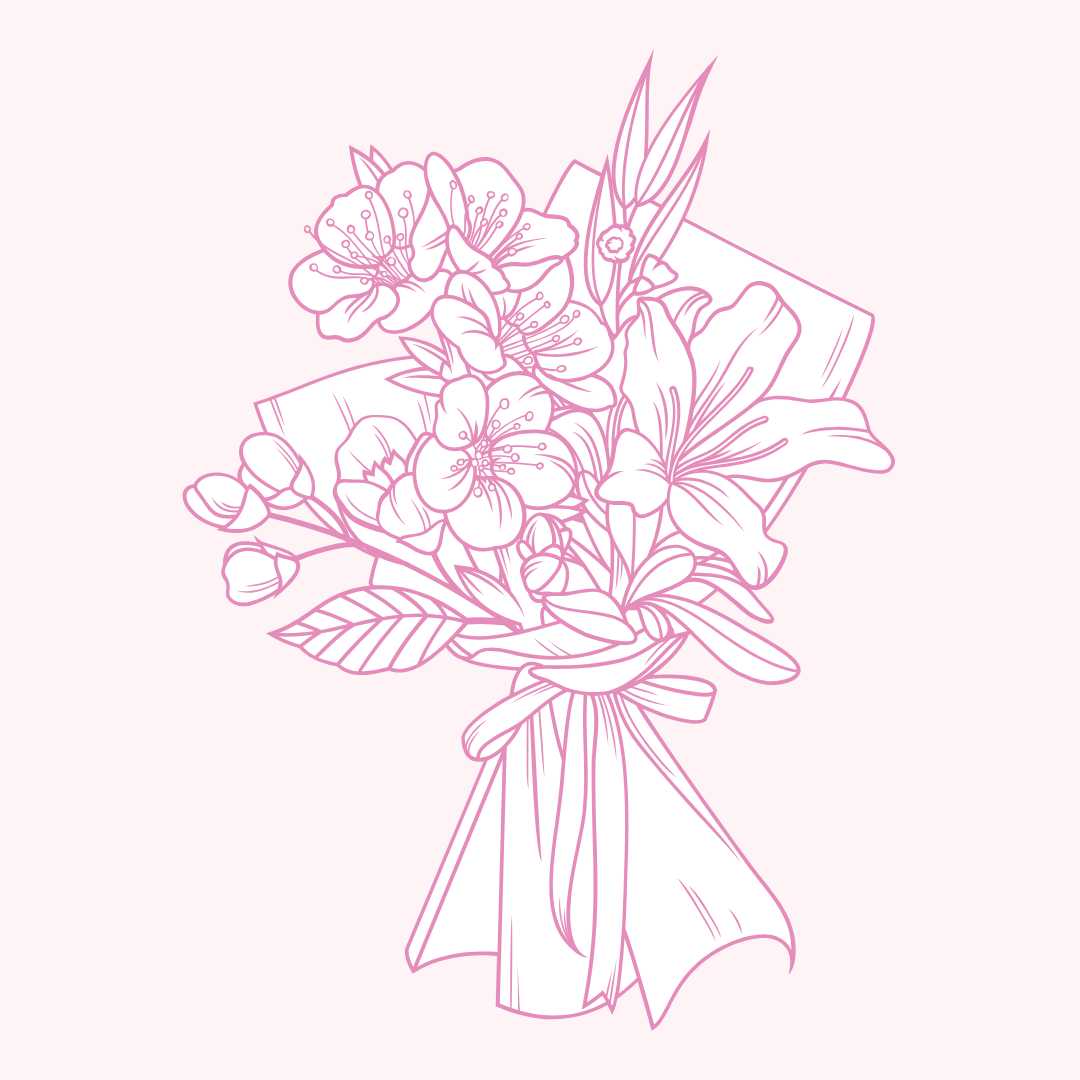 A drawing of a bouquet of flowers on a pink background.