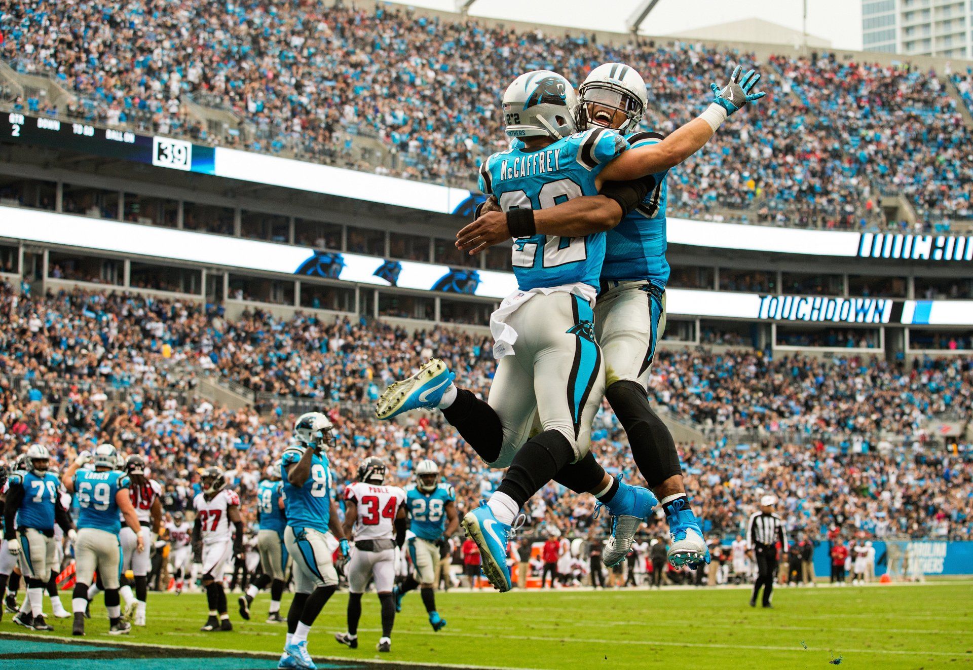 Carolina Panthers players celebrate during a game vs the Atlanta Falcons