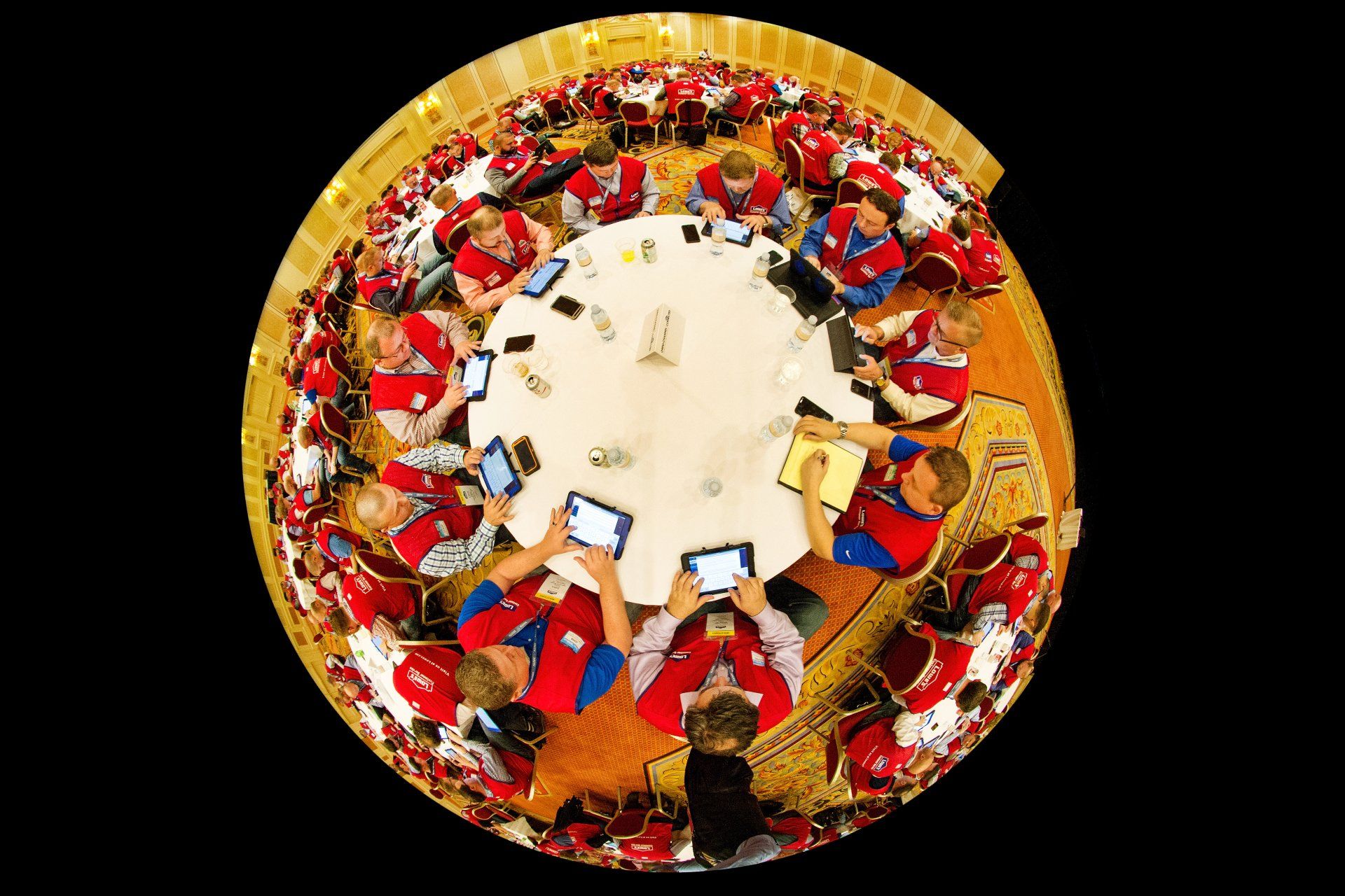 creative view of company employees meeting at convention