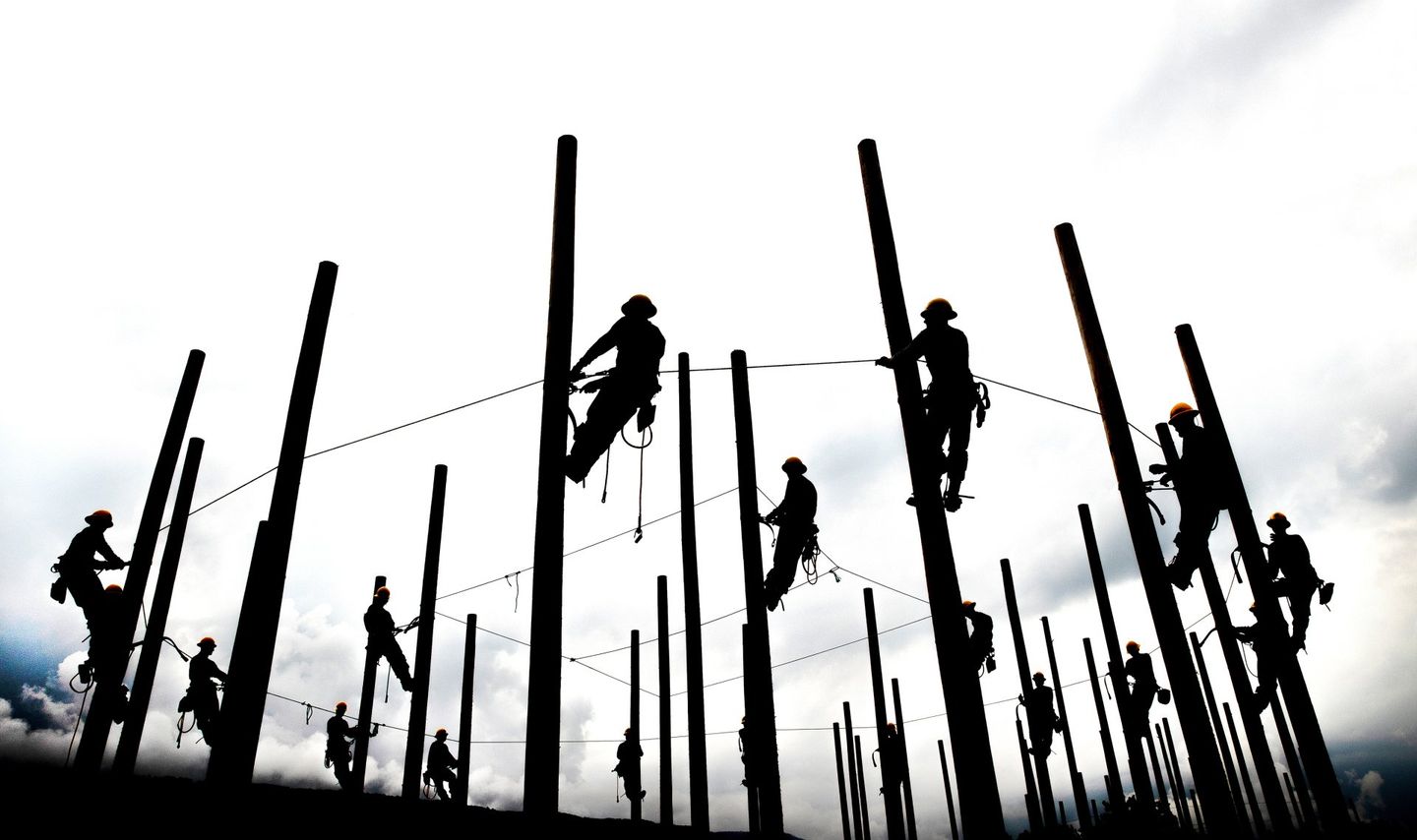 Students in an electrical lineman course practice their skills while atop poles. The workers are silhouetted and the photo includes more than a dozen of the students at work. 