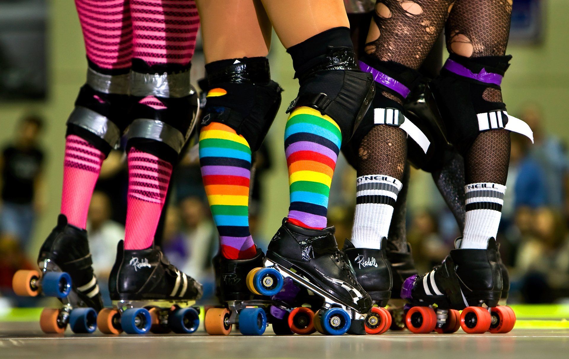 wild colorful socks of roller derby girls