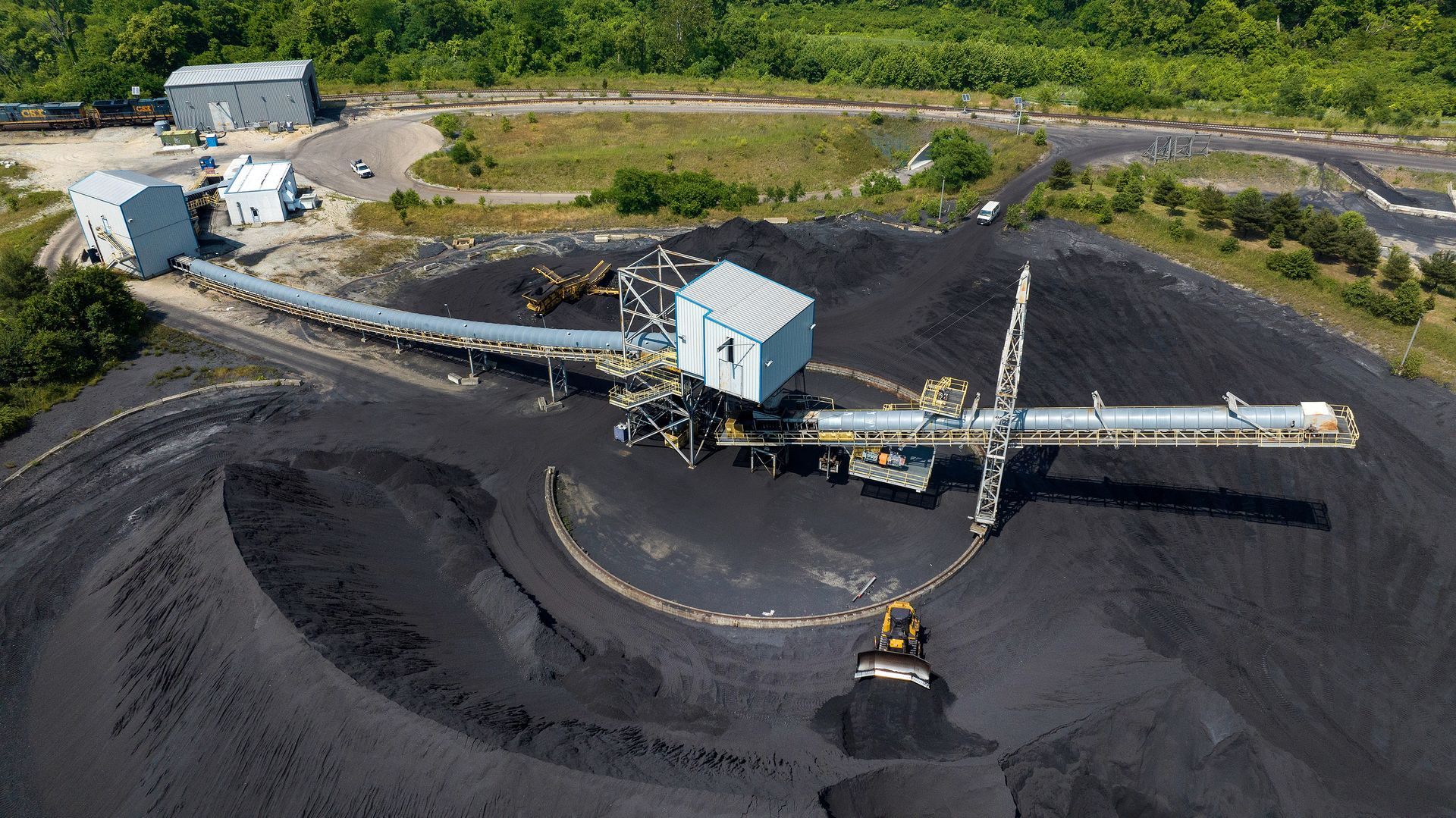 Overhead photo of a coal and coke processing facility. 