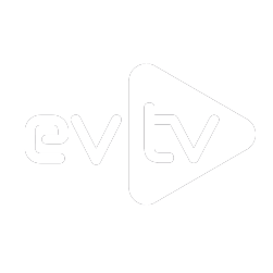 The logo for ev tv is a triangle with the letter v inside of it.