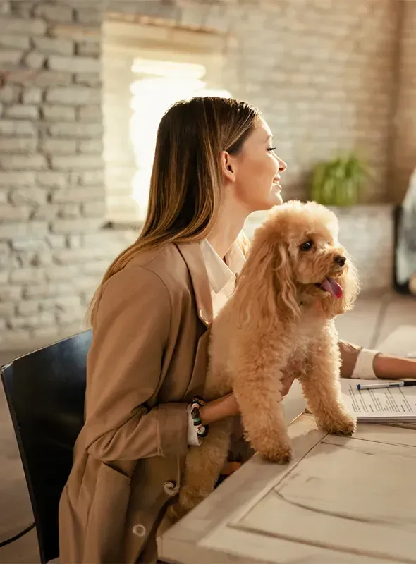 A woman is sitting at a desk with a dog on her lap.