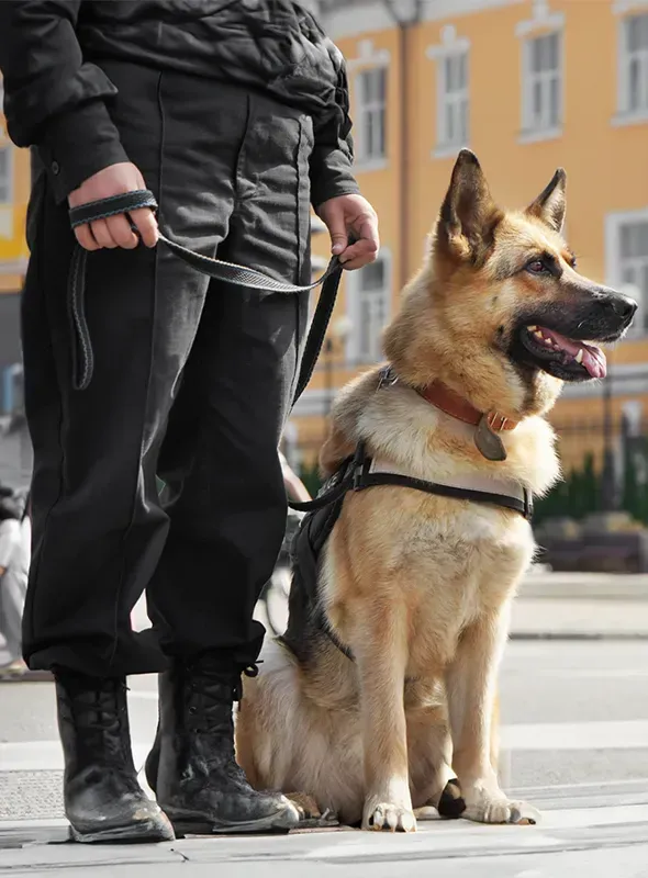 A man is standing next to a german shepherd dog on a leash.