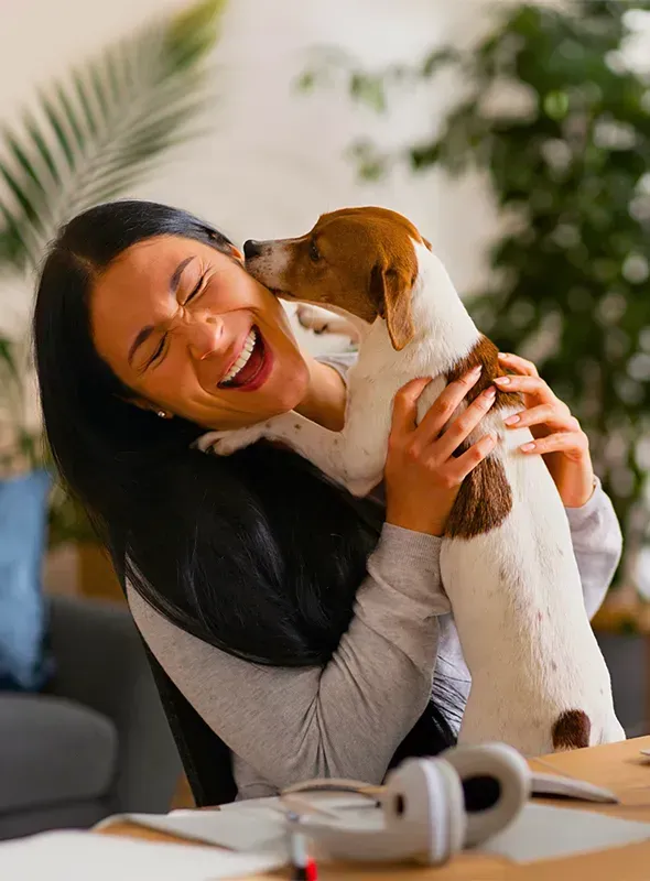 A woman is sitting at a desk hugging a dog.