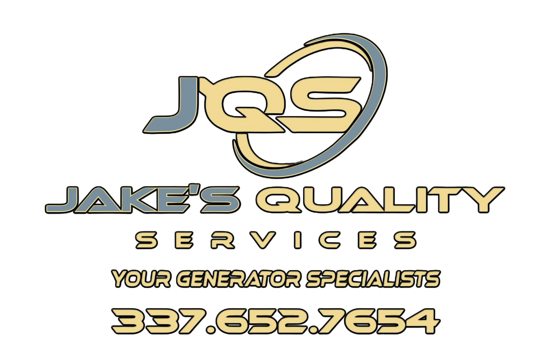 Jake&rsquo;s Quality Services logo with &ldquo;Your Generator Specialist&rdquo; and phone number 337-652-7654 on white background