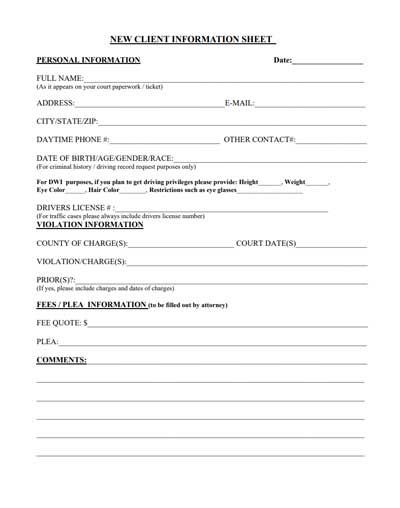 New Client Info Sheet - Lexington, NC - The Law Offices Of Richard J McCain