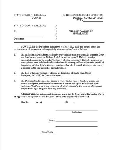 Waiver Of Appearance - Lexington, NC - The Law Offices Of Richard J McCain