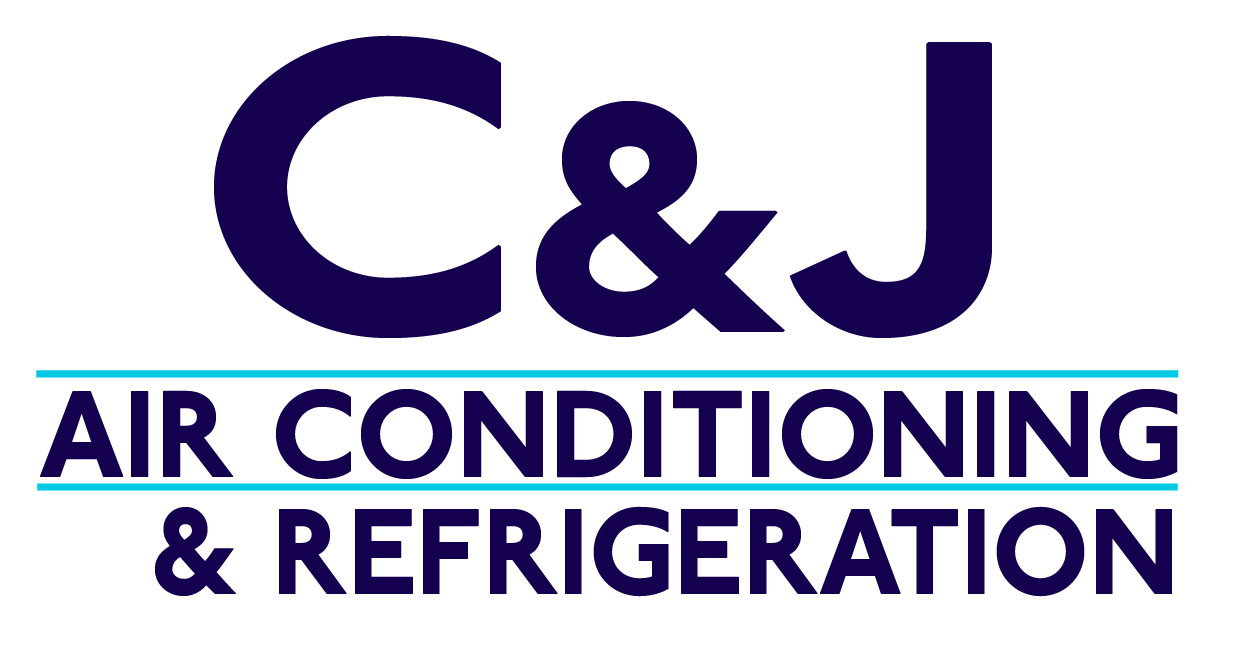 A logo for a company called c & j air conditioning and refrigeration.