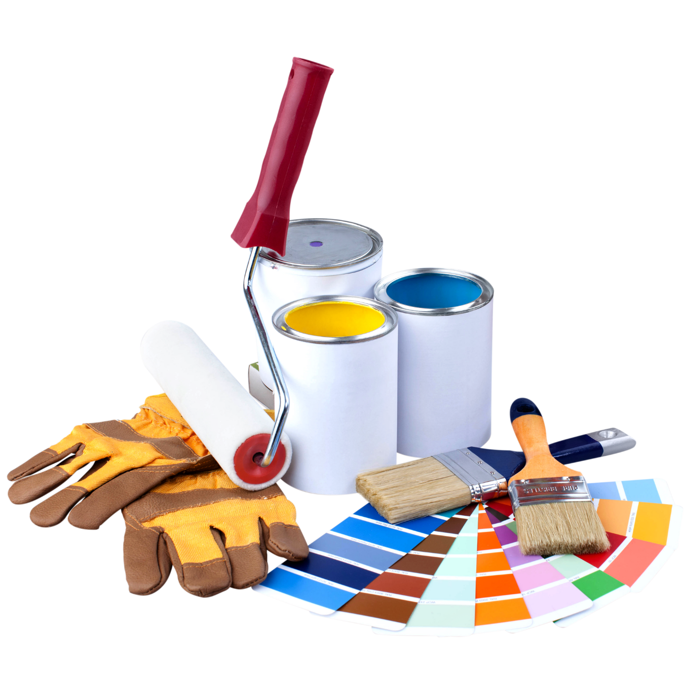A paint roller gloves brushes and cans of paint