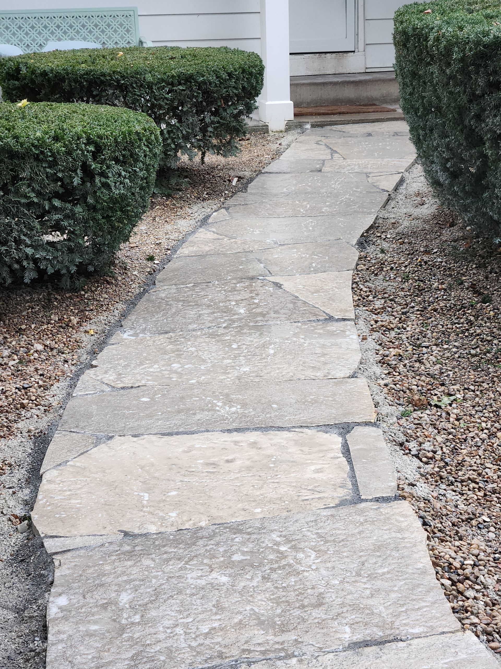 Stone walkway bordered by bushes and gravel leading to a white door.