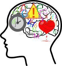 Silhouette of a head with a brain containing a clock, exclamation point, heart, and scattered letters.
