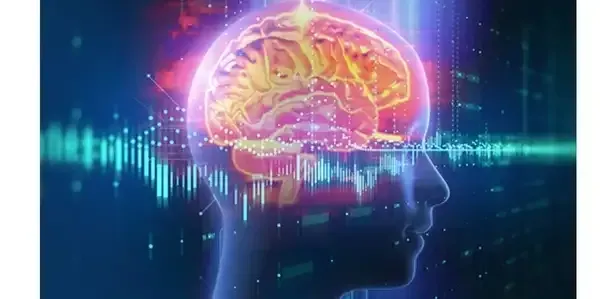 Silhouette of a head with a glowing brain overlaid with data visualizations, suggesting mental activity and data processing.