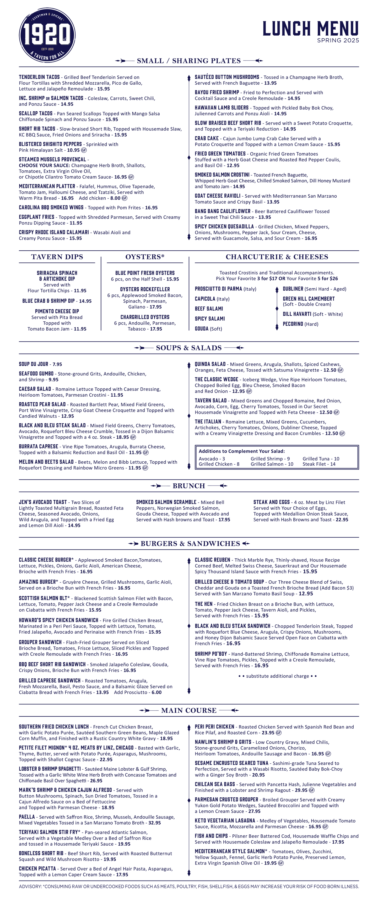 1920 tavern lunch menu