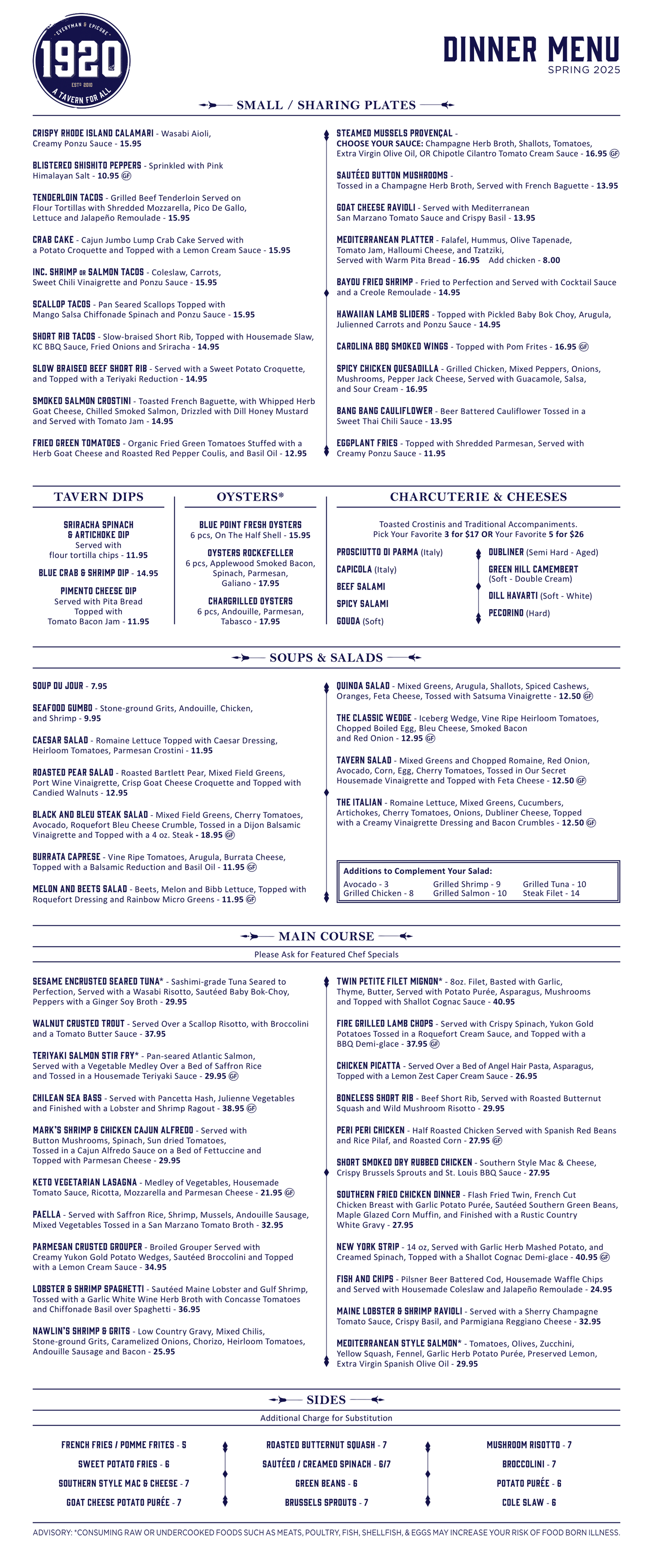 1920 Dinner Menu