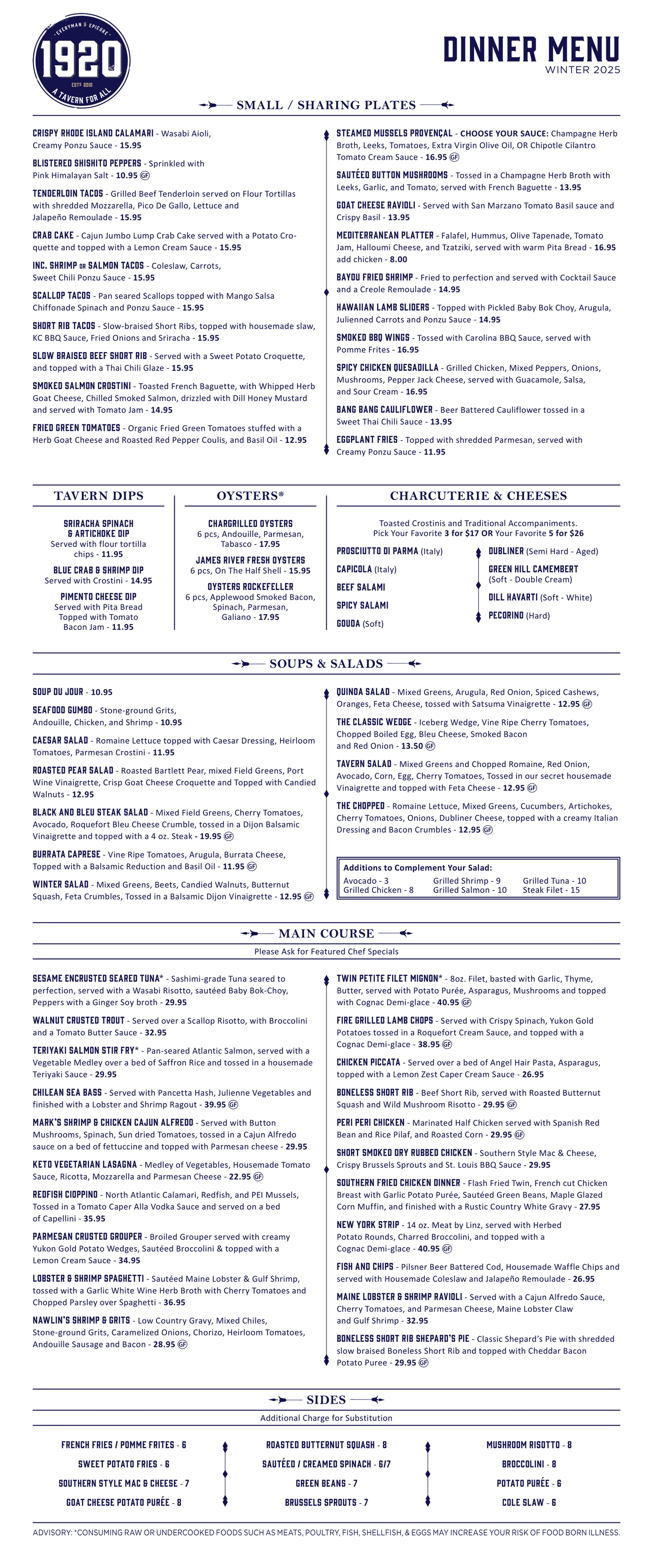 1920 Dinner Menu