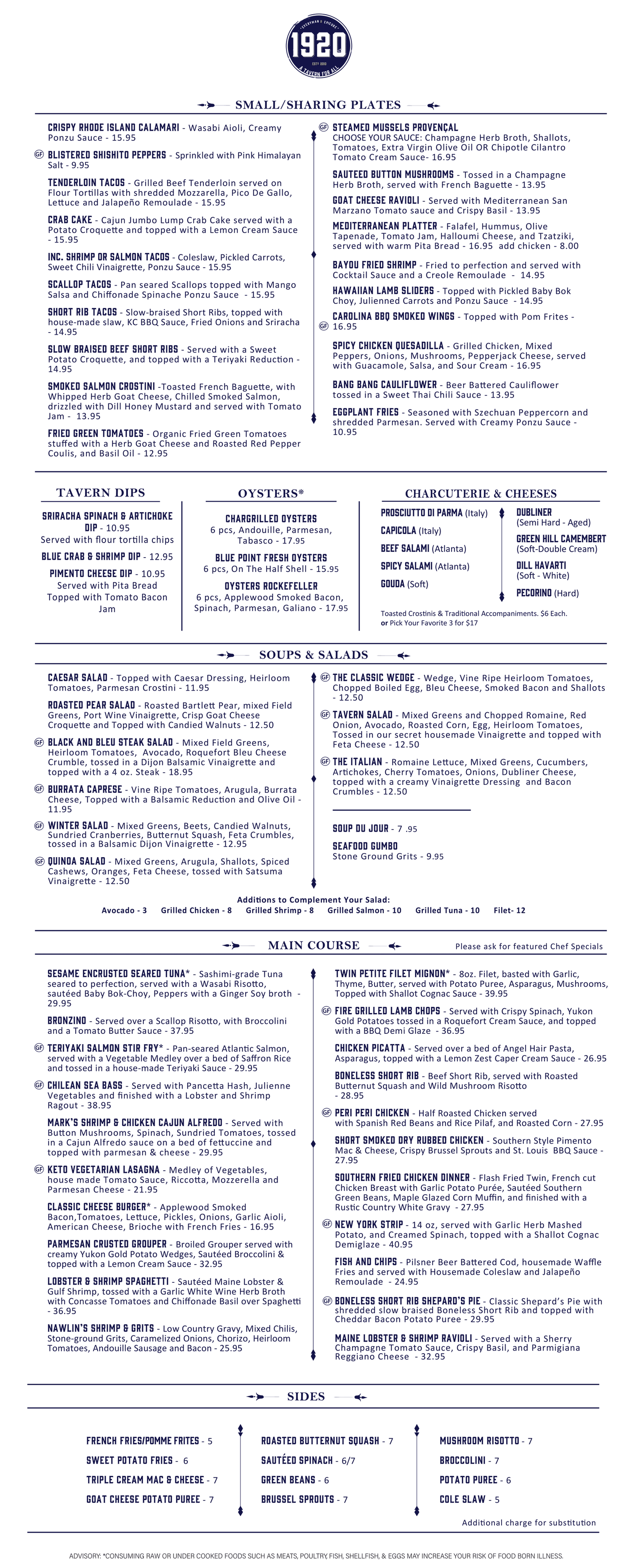 1920 Dinner Menu