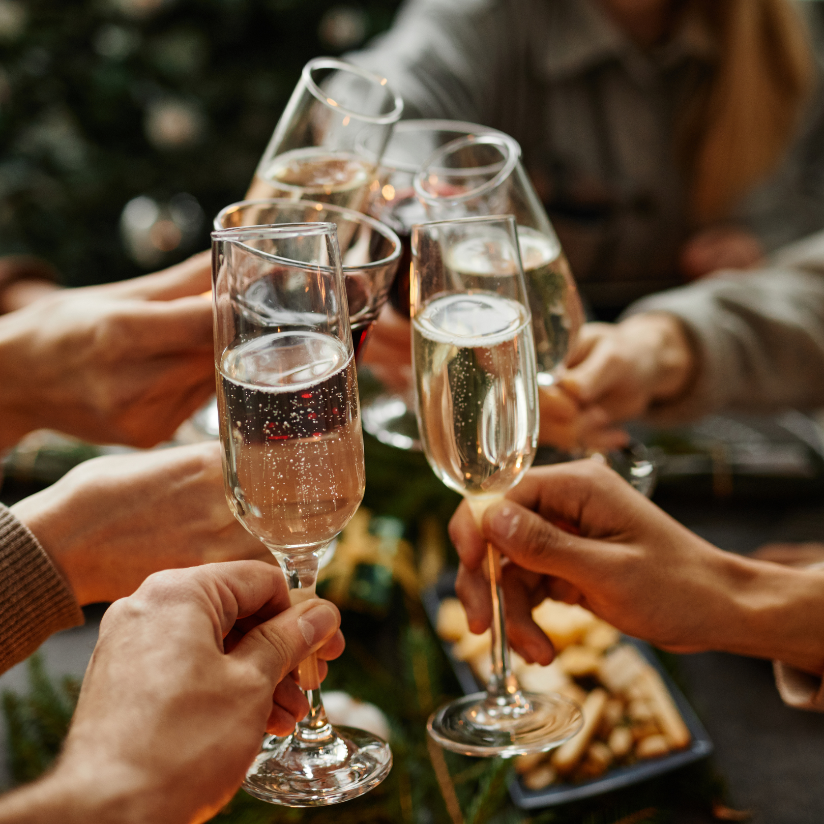 A group of people are toasting with champagne glasses.