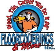 Logo for Floorcoverings & More Inc. with worker carrying flooring roll. 