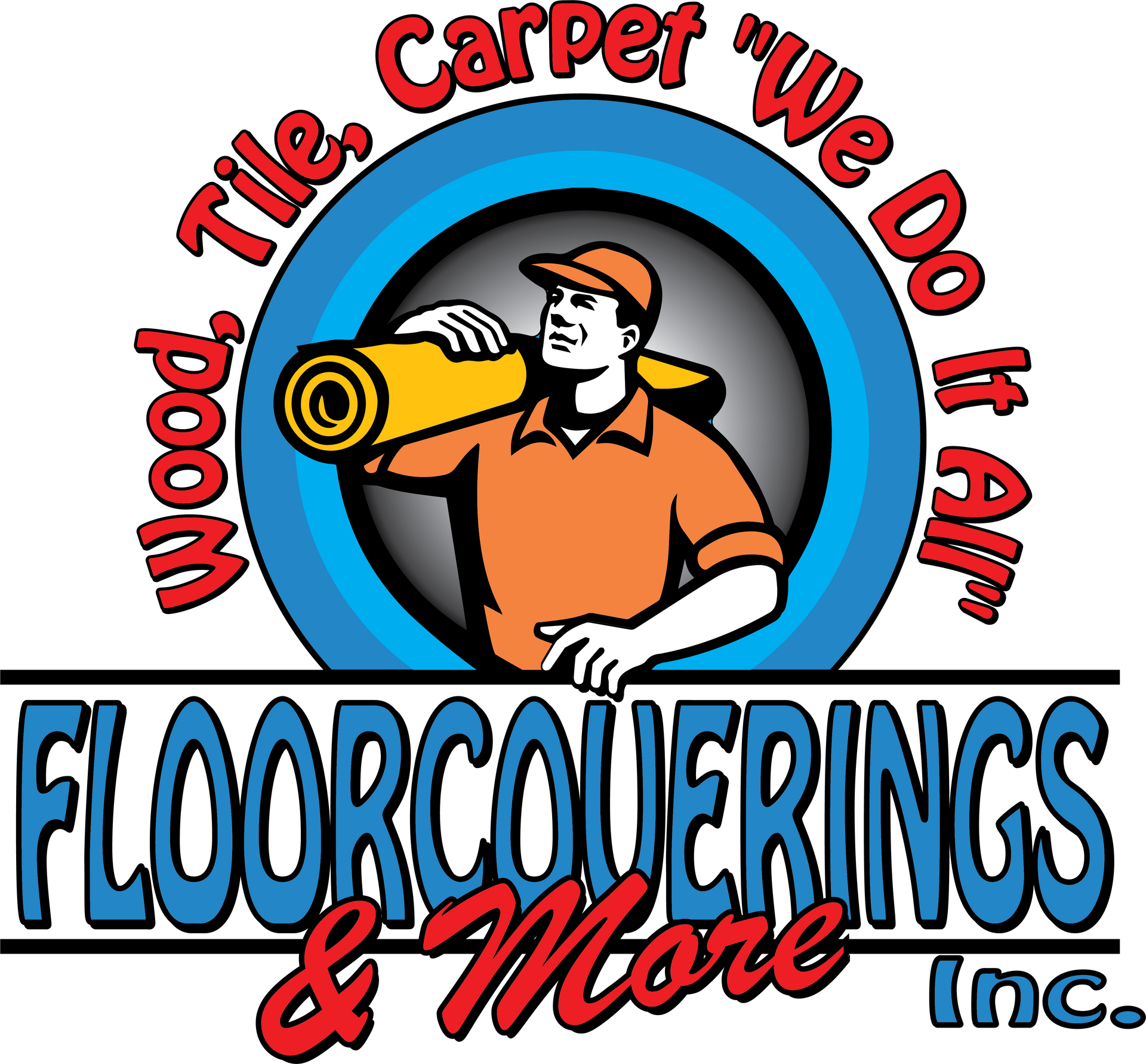 Logo for Floorcoverings & More Inc. with worker carrying flooring roll. 