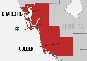 Map of Florida highlighting Charlotte, Lee, and Collier counties in red.
