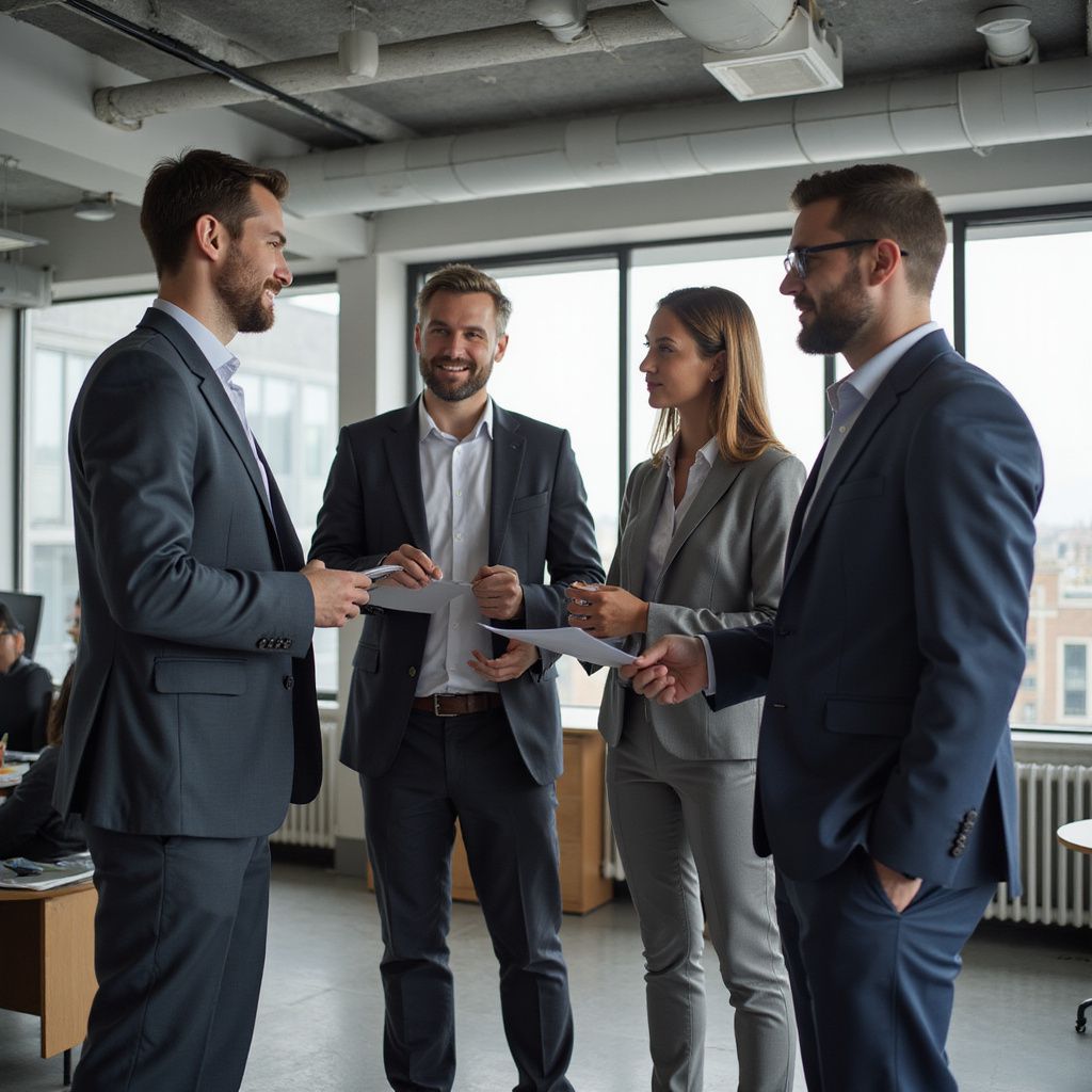Four people in suits in an office, discussing documents.