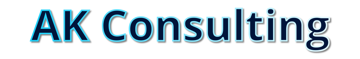 AK Consulting text in dark blue with a light blue outline.