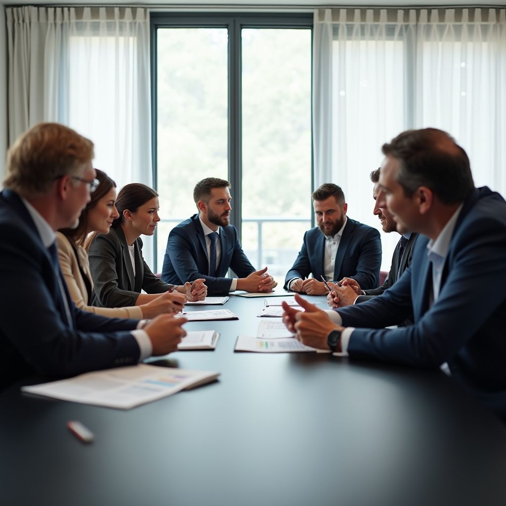 Group of people in suits seated around a conference table.