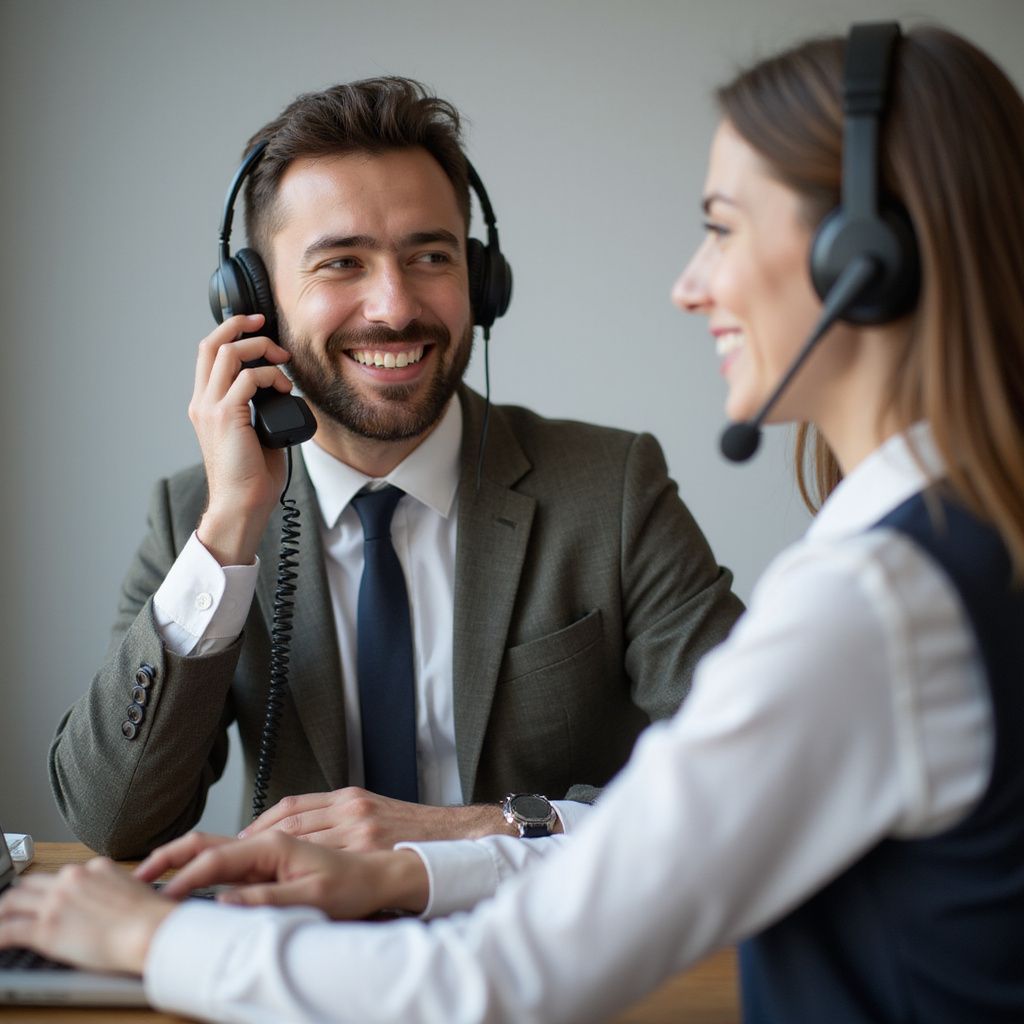 Man and woman wearing headsets, smiling, working in an office setting.