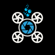 Logo of a drone with a central camera lens and propellers, symbolizing aerial and underwater capabilities, with bubbles above