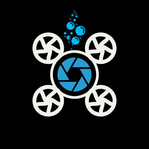 Logo of a drone with a central camera lens and propellers, symbolizing aerial and underwater capabilities, with bubbles above