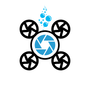 Logo of a drone with a central camera lens and propellers, symbolizing aerial and underwater capabilities, with bubbles above